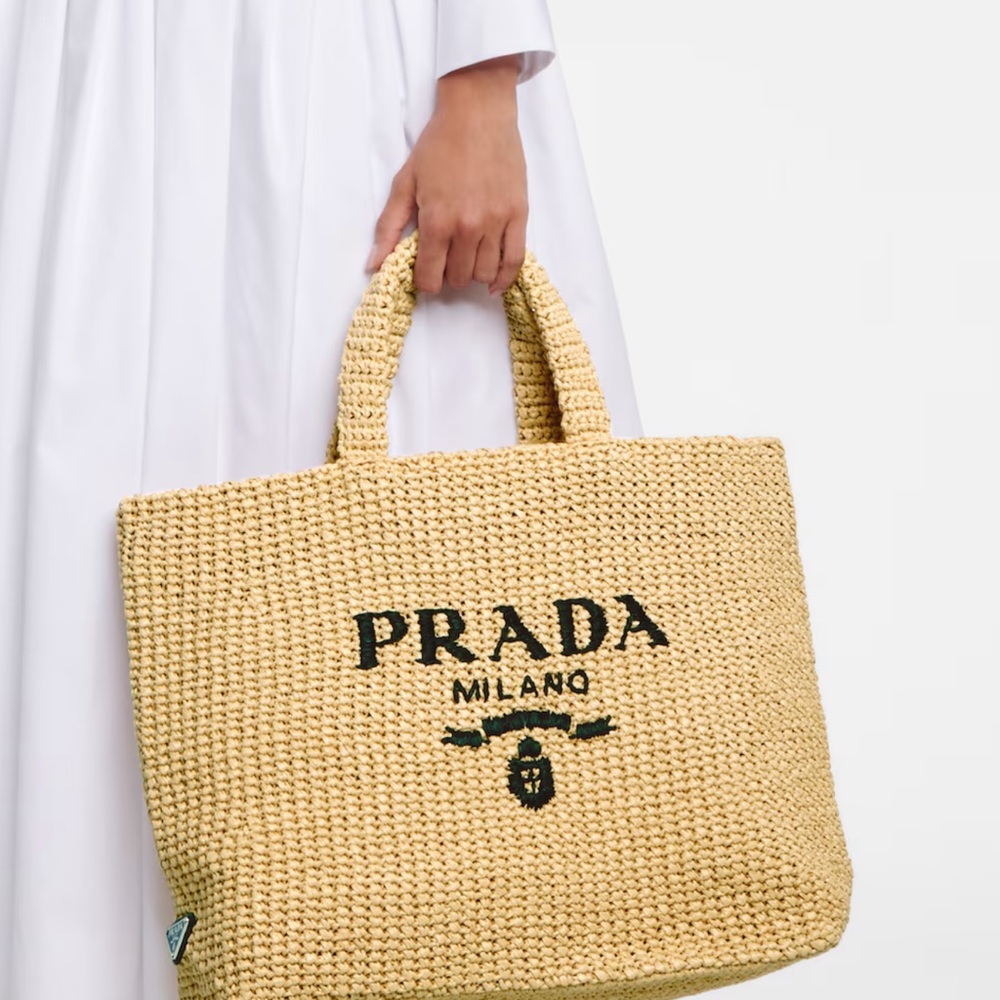 Prada Milano Raffia Tote Bag Large Logo Beige Black – Full Set NEW